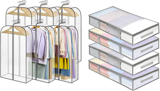 4 Packs Under Bed Storage Containers Bins-55L, 6 Pack Clear Garment Bags-40'' Long - V1259-DP01-A-4595