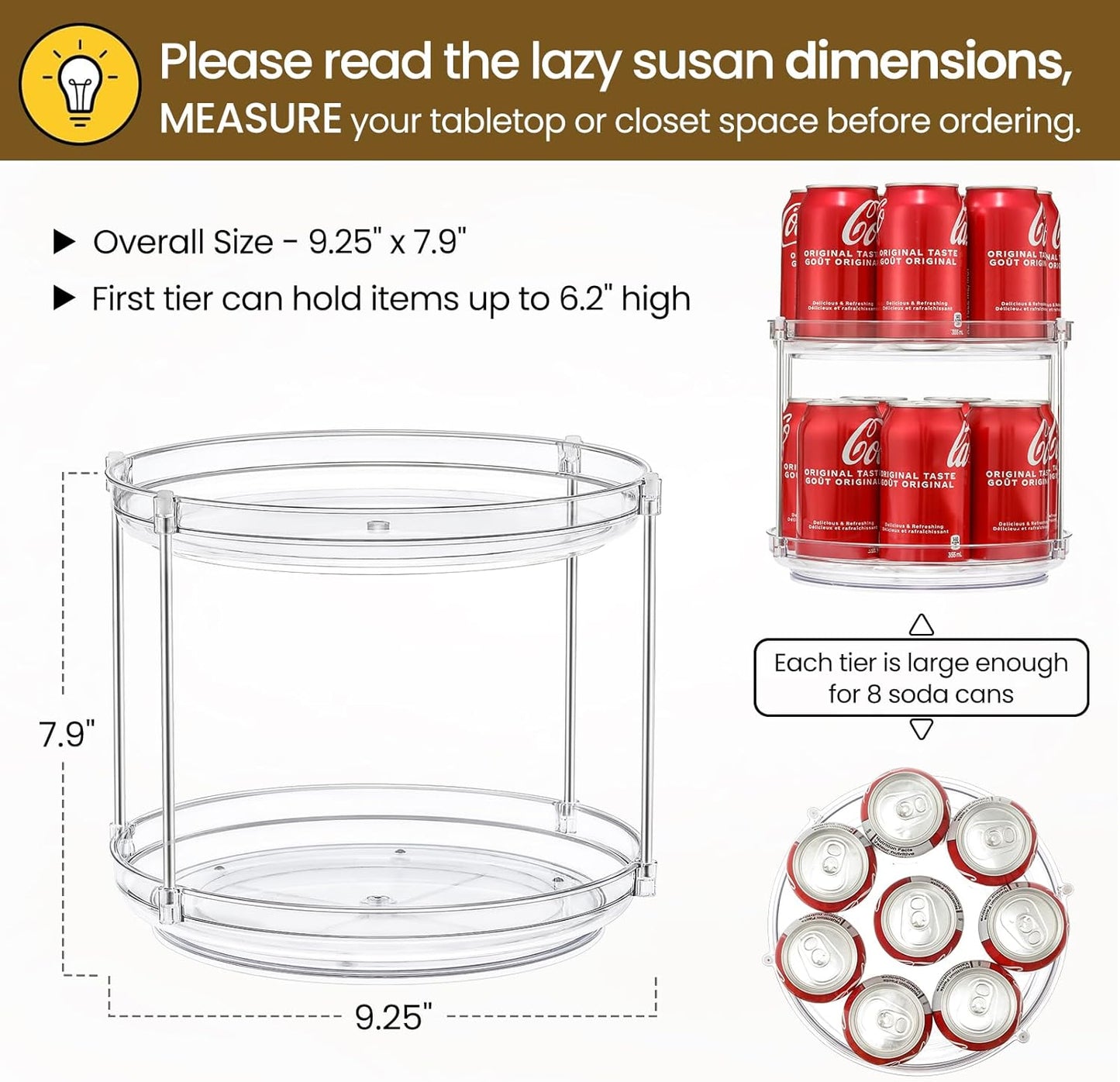 1 Pack 2 Tier Acrylic Clear Lazy Susan, 9.25inch + Pcak 10inch Plastic Susan - V1259-DP01-A-4598