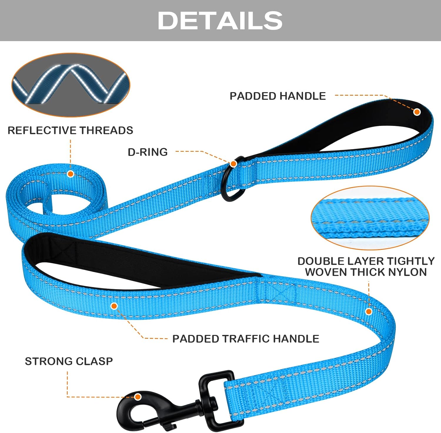 Martingale Dog Collar(12.5-16''), 6FT Double Handle Leash for Training, Sky Blue - V1259-DP01-A-4634