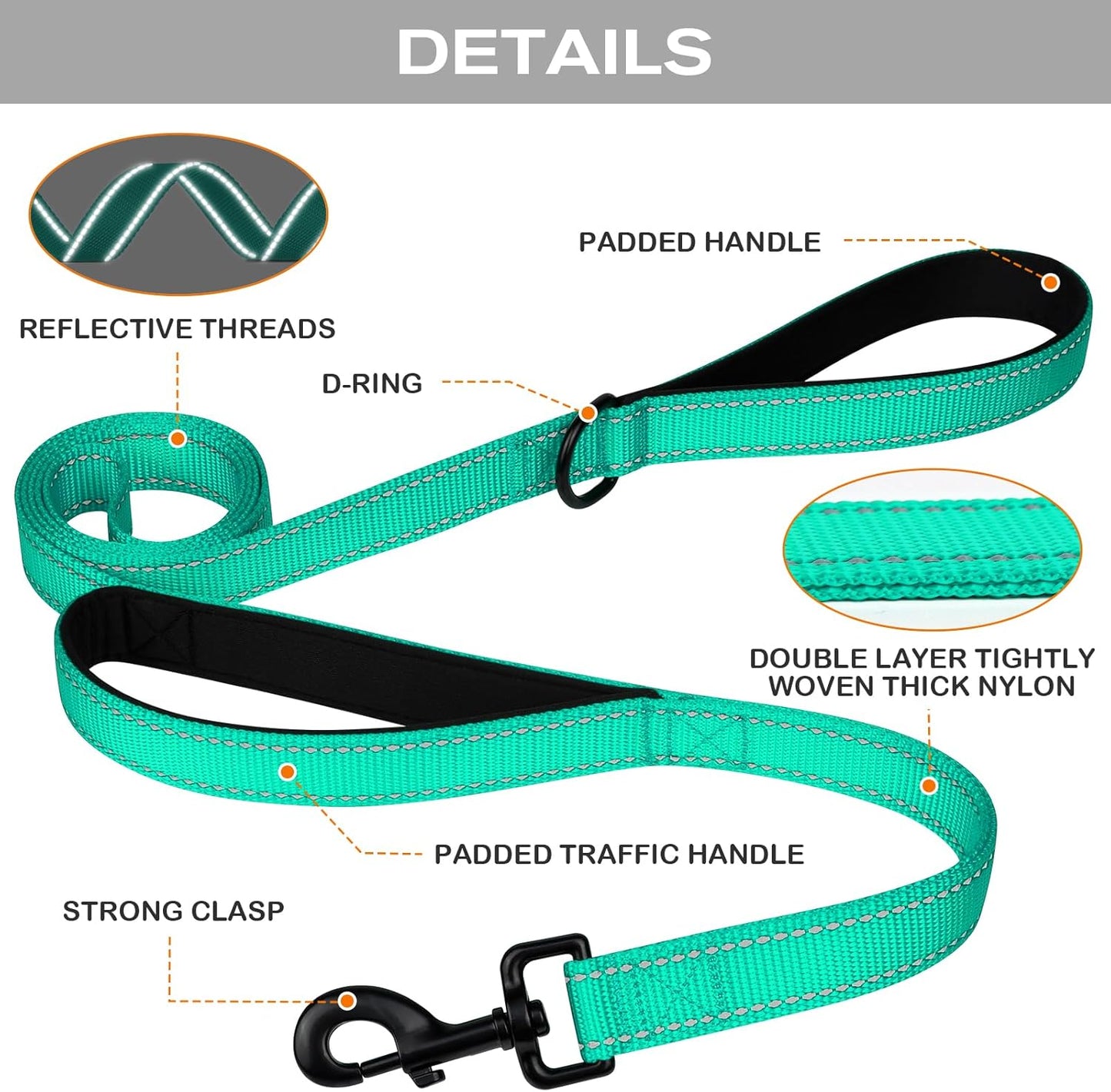 Martingale Dog Collar(12.5-16''), 6FT Double Handle Leash for Training, Teal - V1259-DP01-A-4635