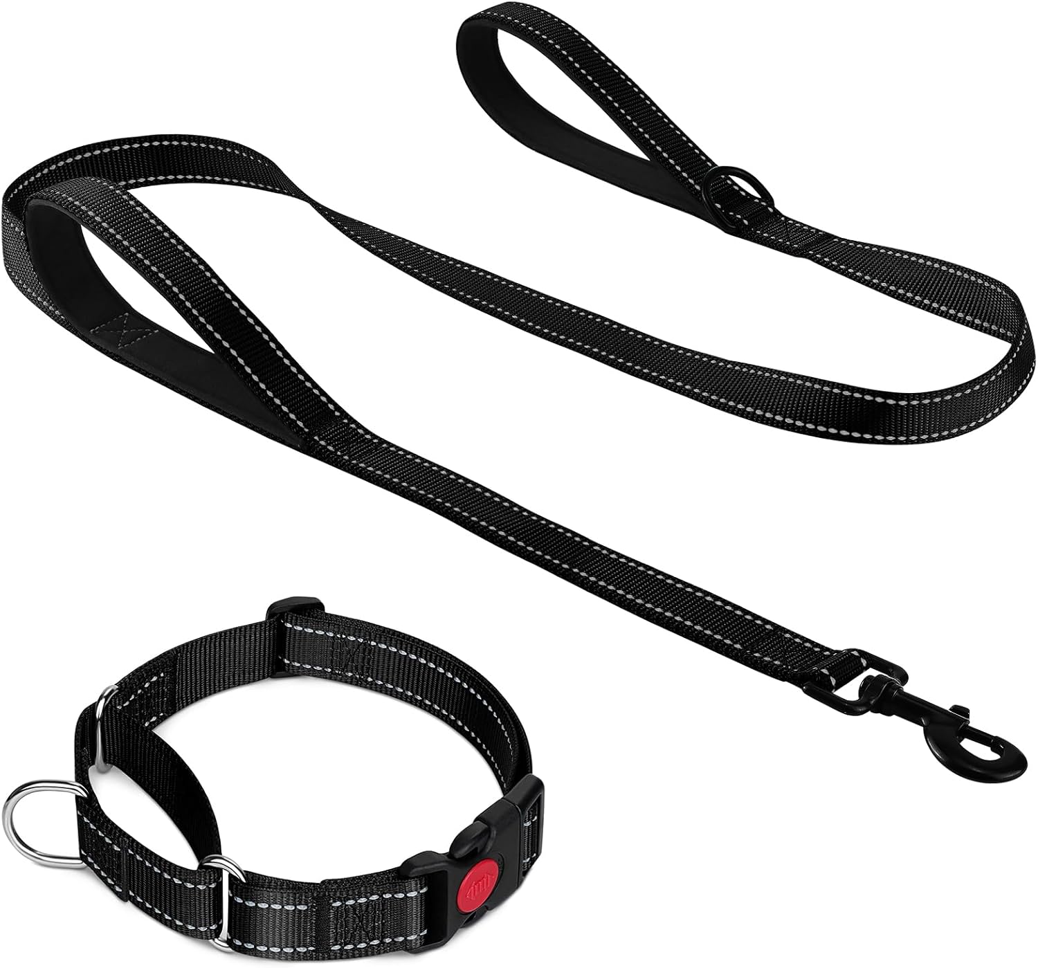 Martingale Dog Collar(12.5-16''), 6FT Double Handle Leash for Training, Black - V1259-DP01-A-4636
