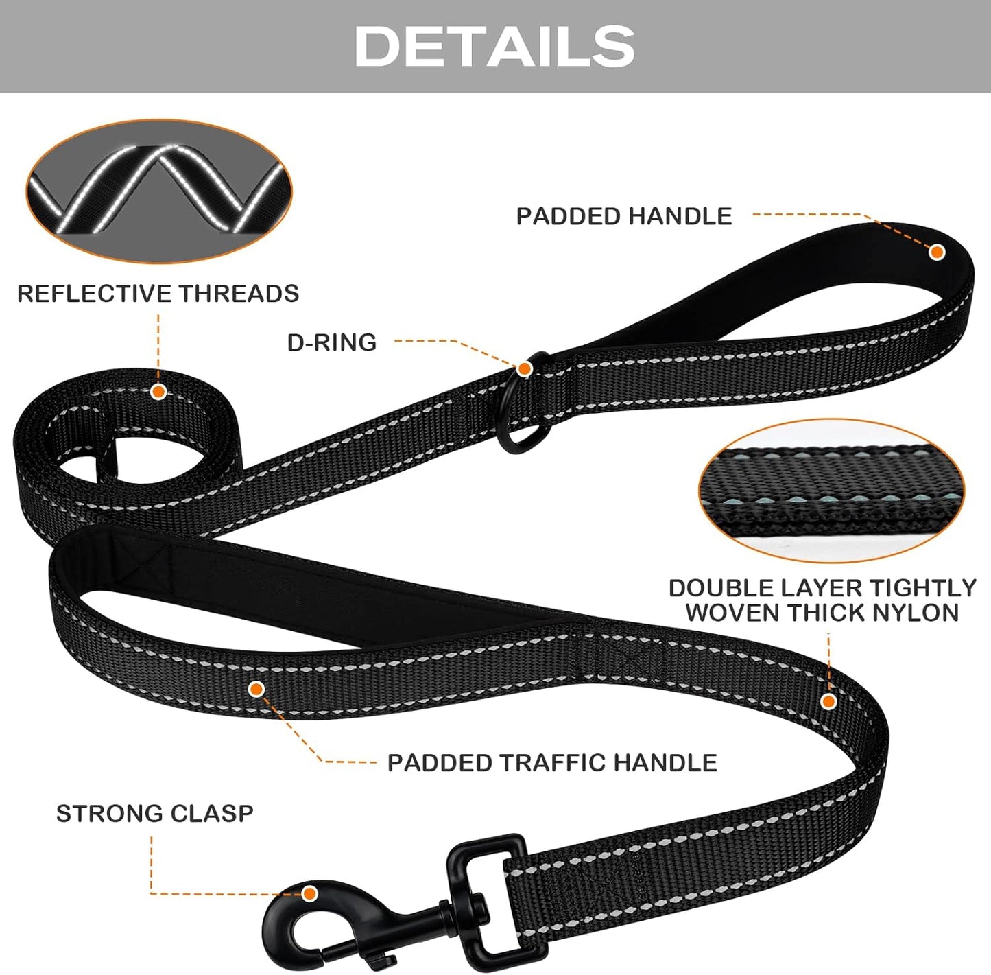 Martingale Dog Collar(12.5-16''), 6FT Double Handle Leash for Training, Black - V1259-DP01-A-4636