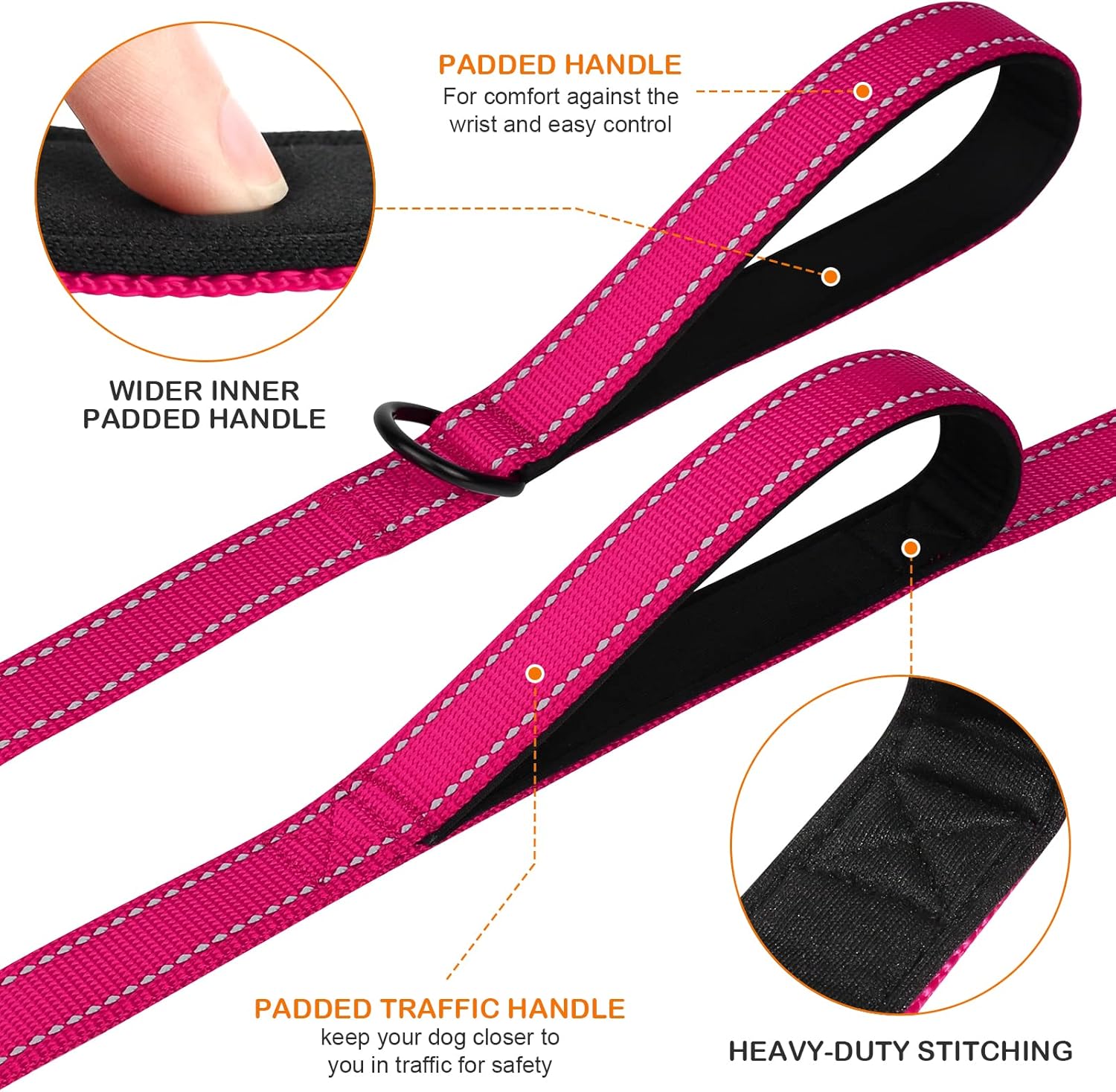 Martingale Dog Collar(16-20"), 6FT Double Handle Leash for Training, Hotpink - V1259-DP01-A-4637