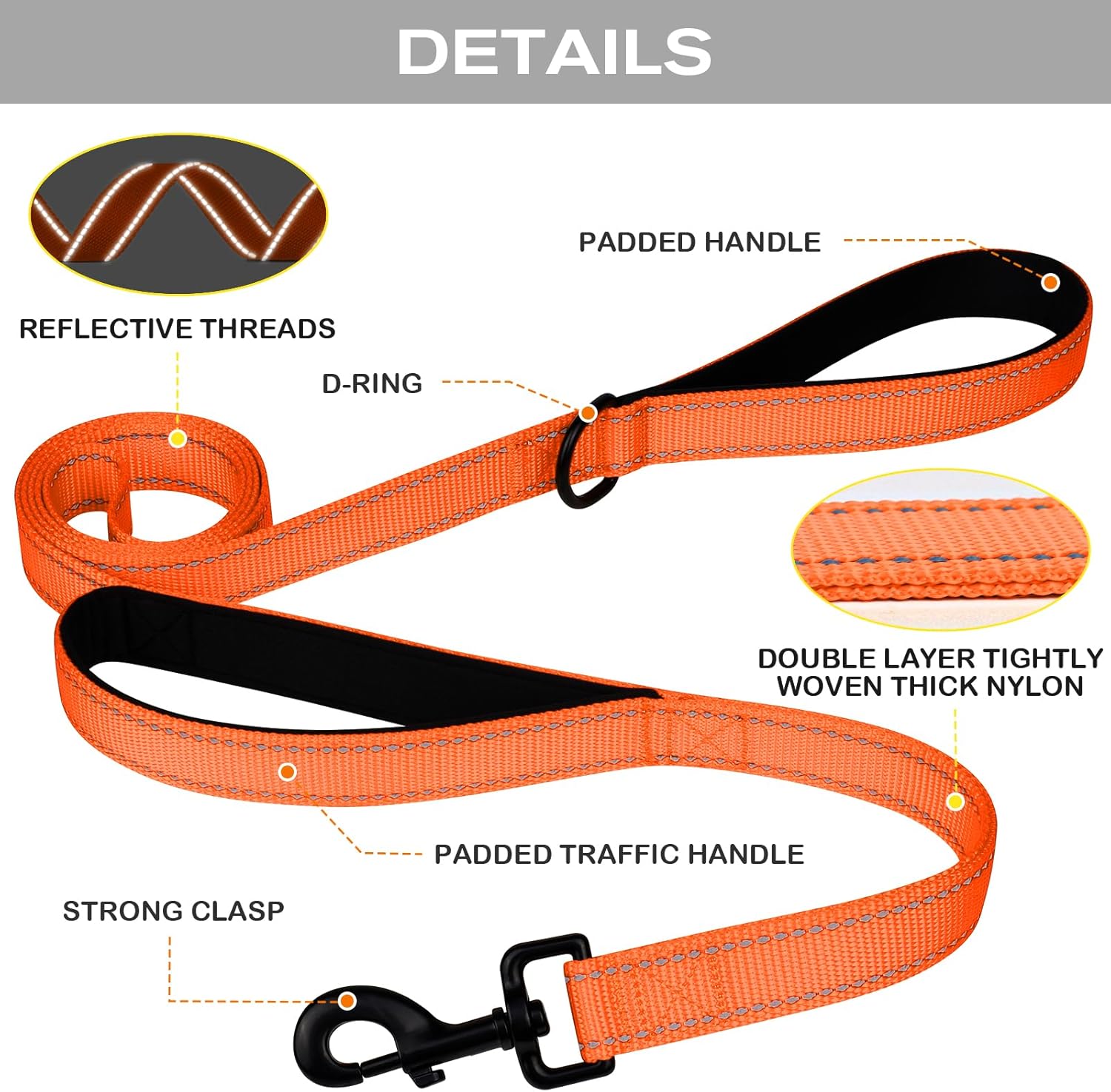 Martingale Dog Collar(16-20"), 6FT Double Handle Leash for Training, Orange - V1259-DP01-A-4638