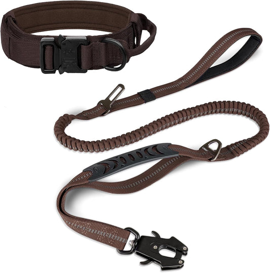 Tactical Dog Collar(17"-21") and Leash Set, Shock Absorbing Bungee Adjustable Strong Collar with Handle for V1259-DP01-A-4641