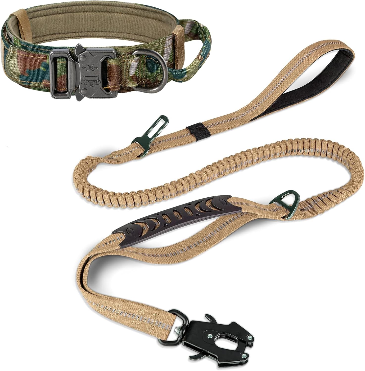 Tactical Dog Collar(17"-21") and Leash Set, Shock Absorbing Bungee Adjustable Strong Collar with Handle for V1259-DP01-A-4642