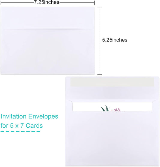 50 Packs 5x7 Envelopes, White A7 Envelopes for Invitations, Printable, Self Seal Weddings, Photos, Postcards, V1259-DP01-A-4648