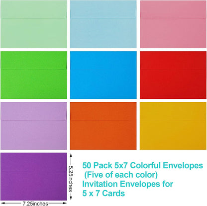50 Pack Colored Envelope, 5x7 Envelopes, A7 Envelopes for Invitations, Printable Invitation Envelope V1259-DP01-A-4667