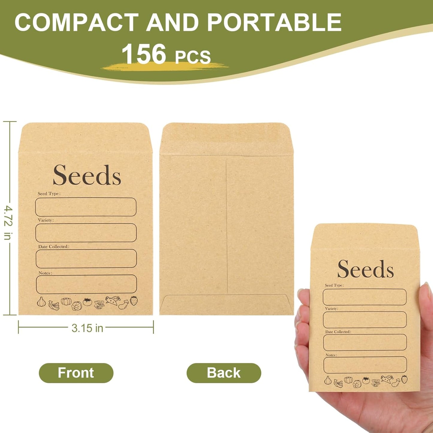 156 PCS Seed Envelopes 3.15"x 4.72", Packets Kraft Seeds Saving Envelope, Self Sealing Storage Mini Envelope V1259-DP01-A-4674