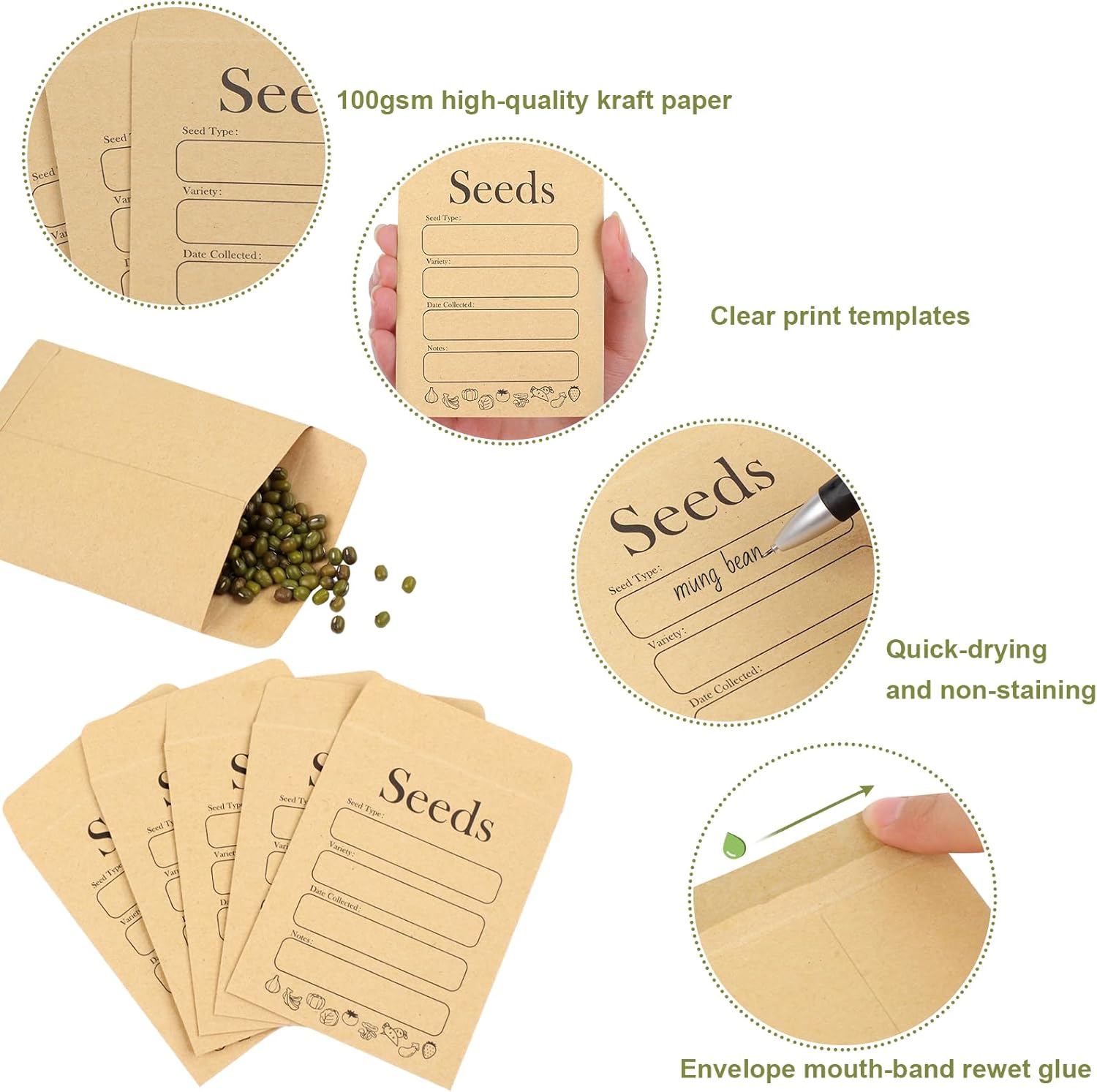 156 PCS Seed Envelopes 3.15"x 4.72", Packets Kraft Seeds Saving Envelope, Self Sealing Storage Mini Envelope V1259-DP01-A-4674
