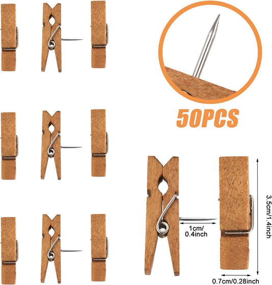 50 PCS Push Pin with Wooden Clips, Durable Pins, Decorative Pushpins Tacks Thumbtacks, for Cork Board V1259-DP01-A-4683