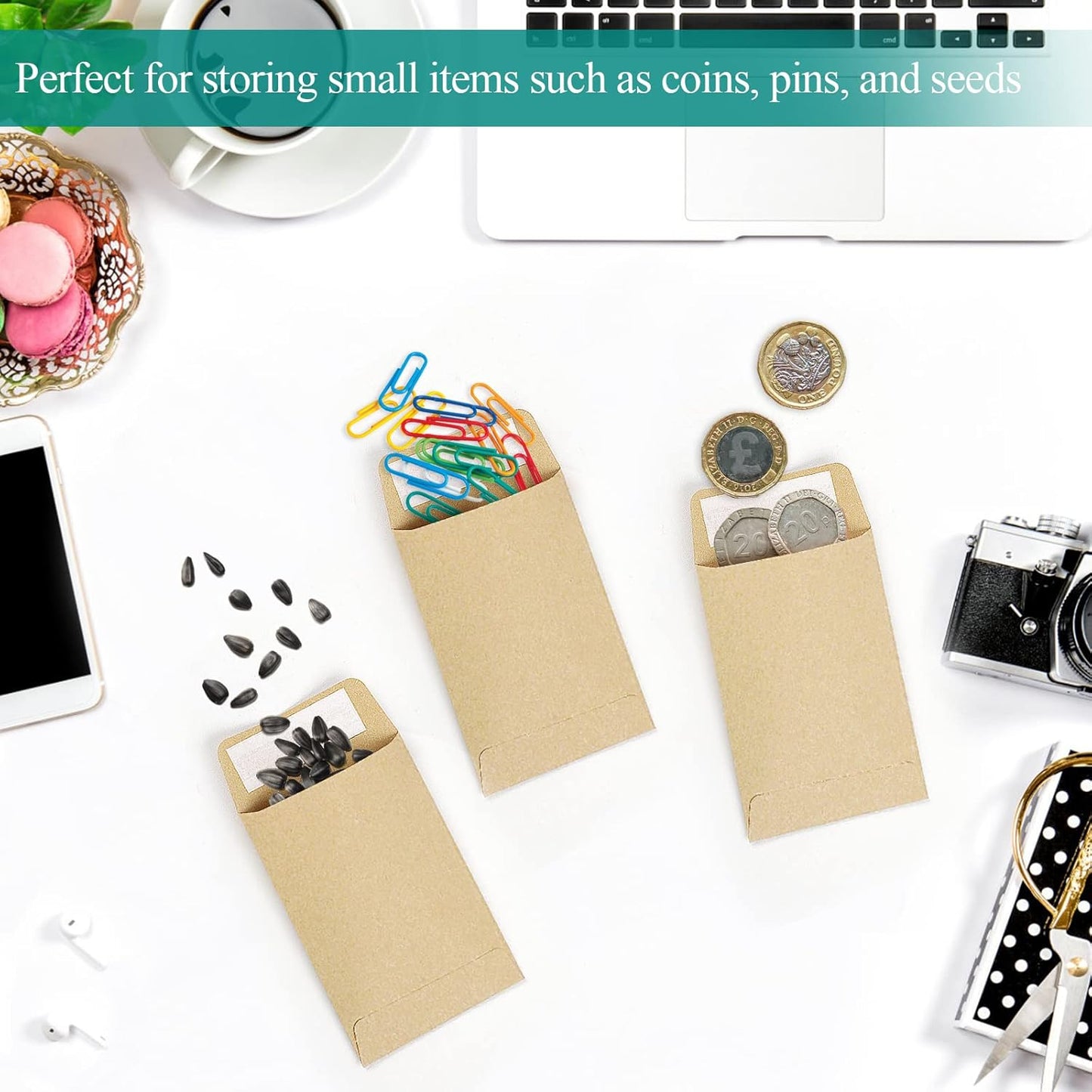 180 Pack Coin Envelopes 2.35"3.5", Brown Kraft Small Seed Packets, Full-Flap Seal Mini for Office, Home, V1259-DP01-A-4692