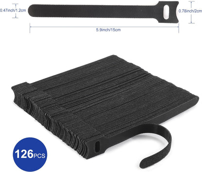 Reusable Cable Ties, 126 PCS 6 Inches Adjustable Cord Straps Wire Organizer Wrap and Hook Loop Management - V1259-DP01-A-4757