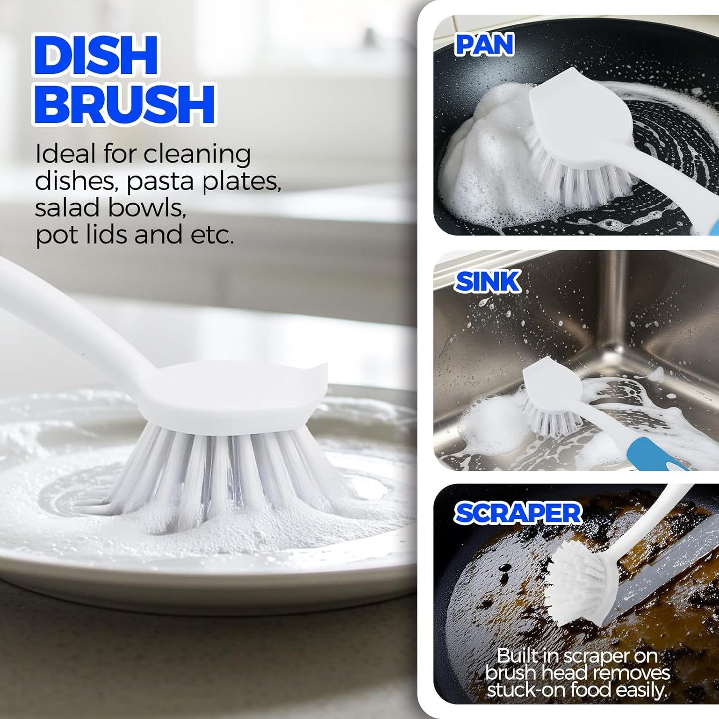 6 Pack Dish Brush Set with Bottle Brush, Scrub Pan and 3 Straw Brushes, Deep Cleaning Handle Scraper Tip for V1259-DP01-A-4770