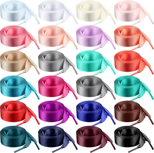 24 Pairs 47" Flat Satin Ribbon Shoelaces Colorful Silk Shoe Strings Wide Lace for Women Sneaker Decoration - V1259-DP01-A-4773