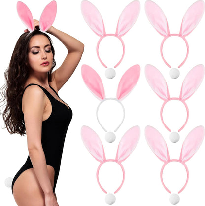 6 Sets Easter Bunny Ears Headbands and Tail, Long Furry Plush Rabbit Ear Headband for Bachelorette Wedding V1259-DP01-A-4788