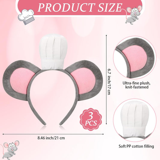 3 Pcs Mouse Headband with Chef Hat Cartoon Costume for Halloween Cosplay Party Decoration - V1259-DP01-A-4791