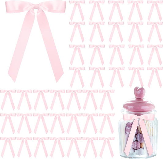 50 Pcs Pink Satin Ribbon Bows 7 Inch Large Self Adhesive Twist Tie for Gift Wrapping Craft Cake Balloons V1259-DP01-A-4823