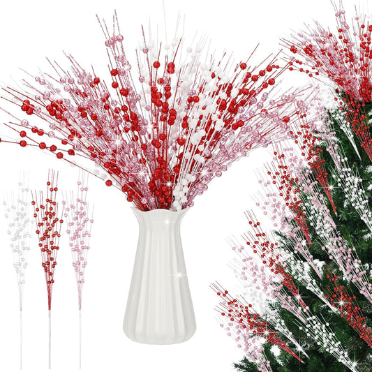 18 Pcs Mother's Day Decoration Valentines Floral Picks Tree Decorations 17 Inch Red and Pink Glitter Berry V1259-DP01-A-4831