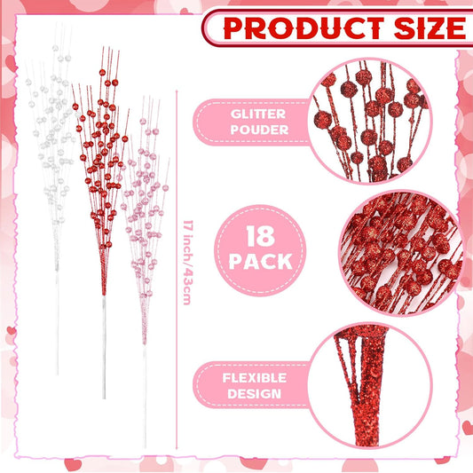 18 Pcs Mother's Day Decoration Valentines Floral Picks Tree Decorations 17 Inch Red and Pink Glitter Berry V1259-DP01-A-4831