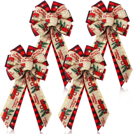 4 Pcs 10 x 18 Inch Christmas Buffalo Plaid LED Wreath Bow, Burlap Red Black Truck Pattern Lighted Bows, Xmas V1259-DP01-A-4847