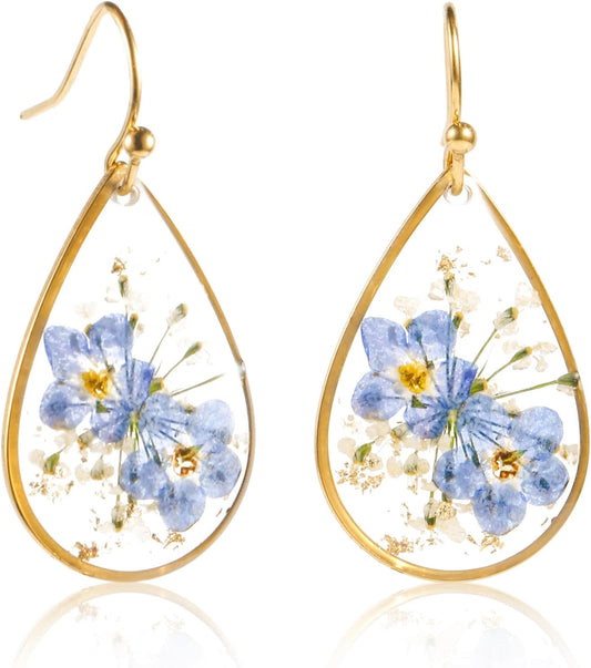 Flower Teardrop Earrings Forget Me Not 14K Gold Plated Dangle Elegant Sweet Pressed for Women Girls Tear Drop V1259-DP01-A-4889