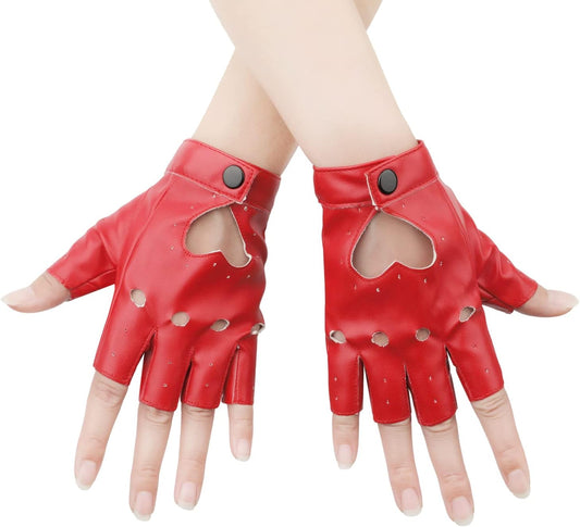 1 Pair Half Finger Leather Gloves - Stylish Red Fingerless Biker Punk for Halloween, Women, Girls, Cosplay, V1259-DP01-A-4903