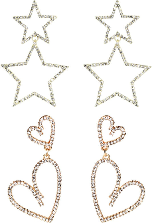 2 Pairs Rhinestone Big Star Earrings, Love Heart Dangle Earrings Crystal Sparkly Drop Jewelry for Women V1259-DP01-A-5009