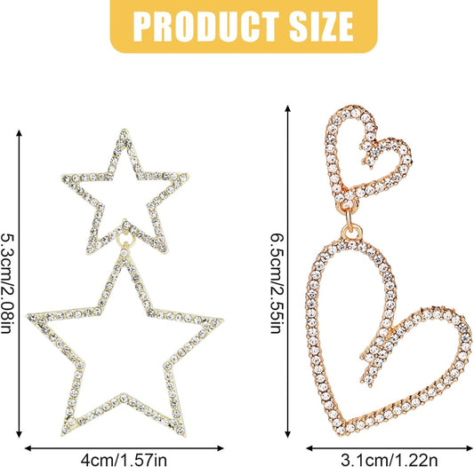 2 Pairs Rhinestone Big Star Earrings, Love Heart Dangle Earrings Crystal Sparkly Drop Jewelry for Women V1259-DP01-A-5009