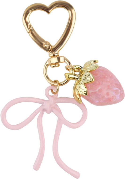 Cute Strawberry Keychain with Bow, Kawaii Bow Heart Key Chains Pink Bag Charms Aesthetic Accessories for V1259-DP01-A-5014