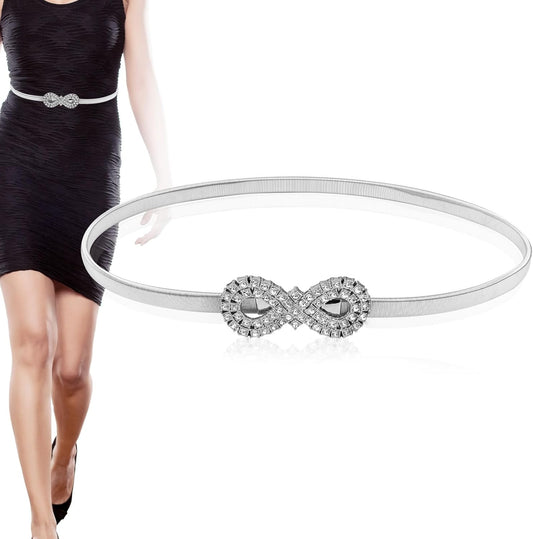 Metal Bow Belt, Women's Rhinestone Belt Silver Waist Stretchy Bow-Knot Chain Shinny Waistband Tie Rope for V1259-DP01-A-5047