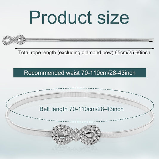 Metal Bow Belt, Women's Rhinestone Belt Silver Waist Stretchy Bow-Knot Chain Shinny Waistband Tie Rope for V1259-DP01-A-5047