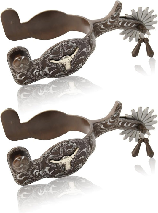 1 Pair Horse Spurs,Western Cowboy Spurs Vintage Boot with Silver Hand Craved Decoration, Fine Workmanship V1259-DP01-A-5086
