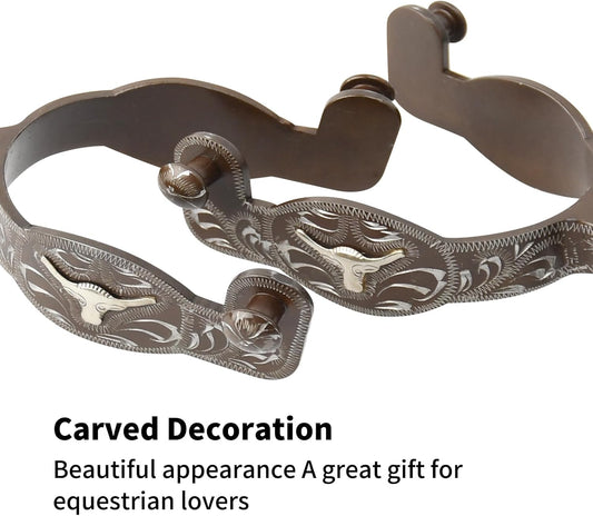 1 Pair Horse Spurs,Western Cowboy Spurs Vintage Boot with Silver Hand Craved Decoration, Fine Workmanship V1259-DP01-A-5086