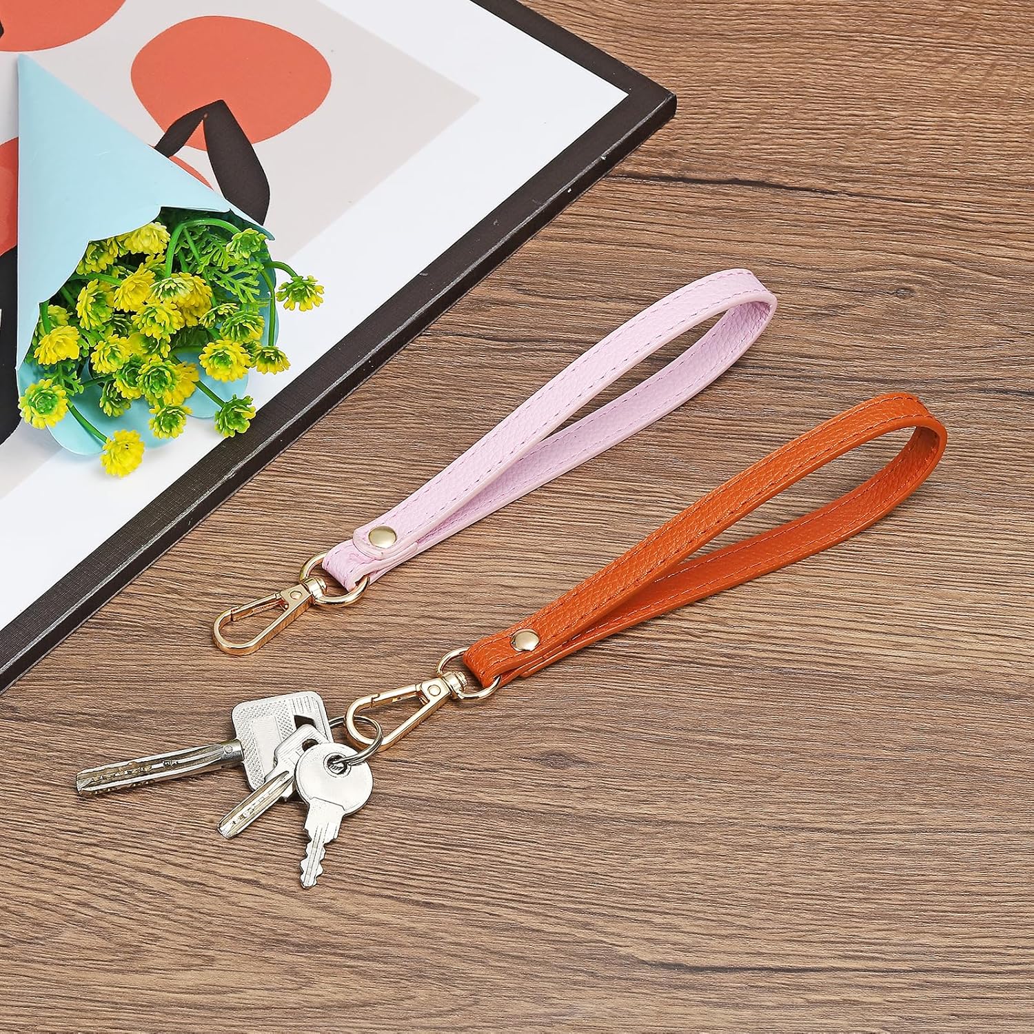 PU Leather Keychain with Metal Key Ring Lock, for Wallet Purse Gold, Brown - V1259-DP01-A-5106