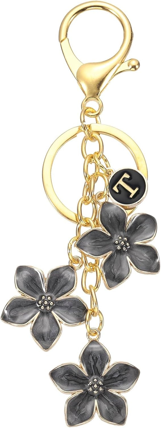 Initial Letter Flower Keychain, Alphabet Drip Oil Charm Cherry Blossom Keyring Keys for Birthdays Black - V1259-DP01-A-5155