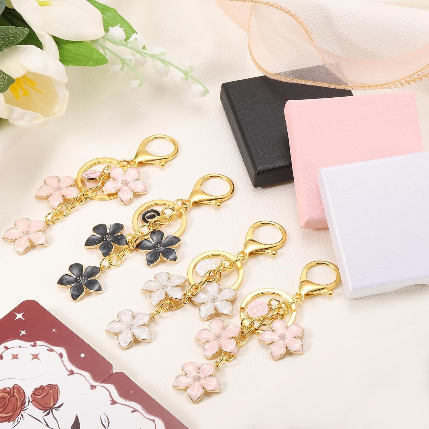 Initial Letter Flower Keychain, Alphabet Drip Oil Charm Cherry Blossom Keyring Keys for Birthdays Black - V1259-DP01-A-5155
