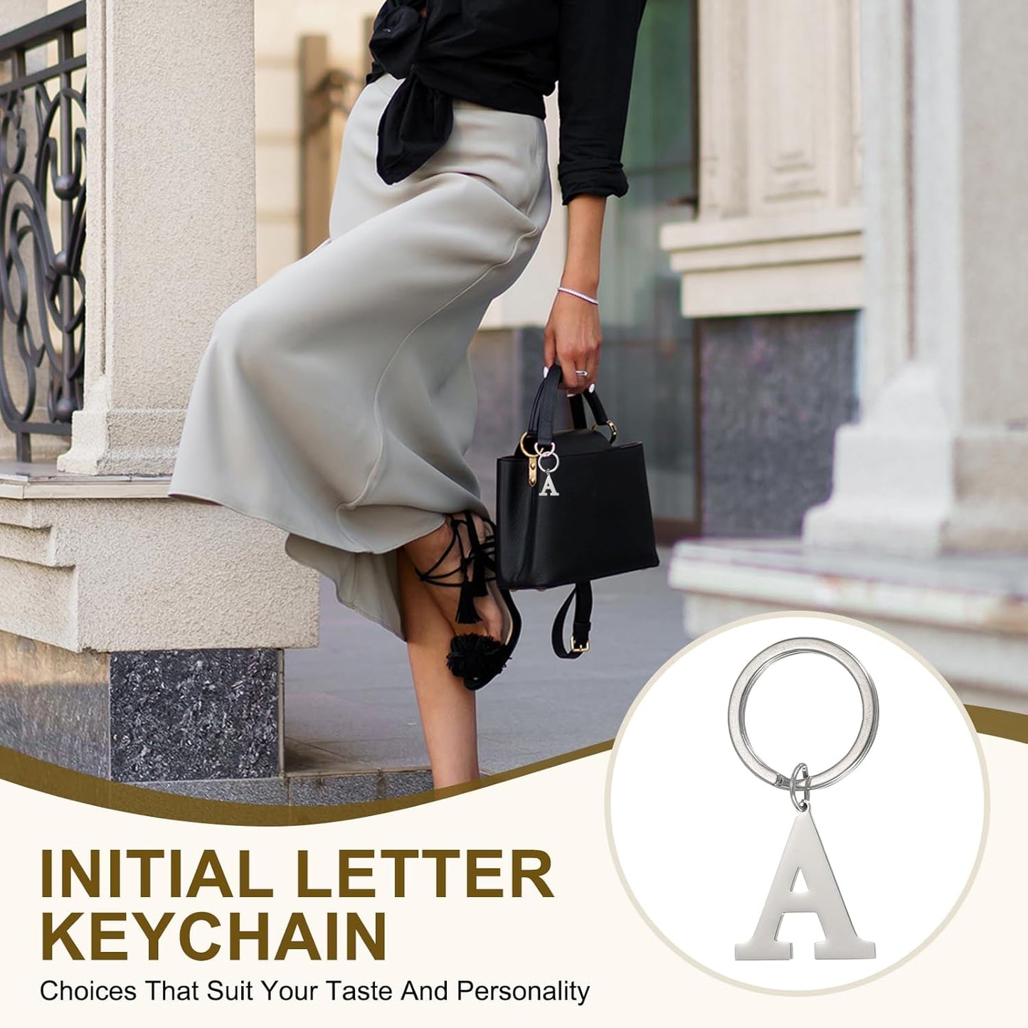 Initial Letter Keychain, DIY Pendant Keyring Bag Backpack Decor A-Z Alphabet Key Ring for Purse Handbag - V1259-DP01-A-5165