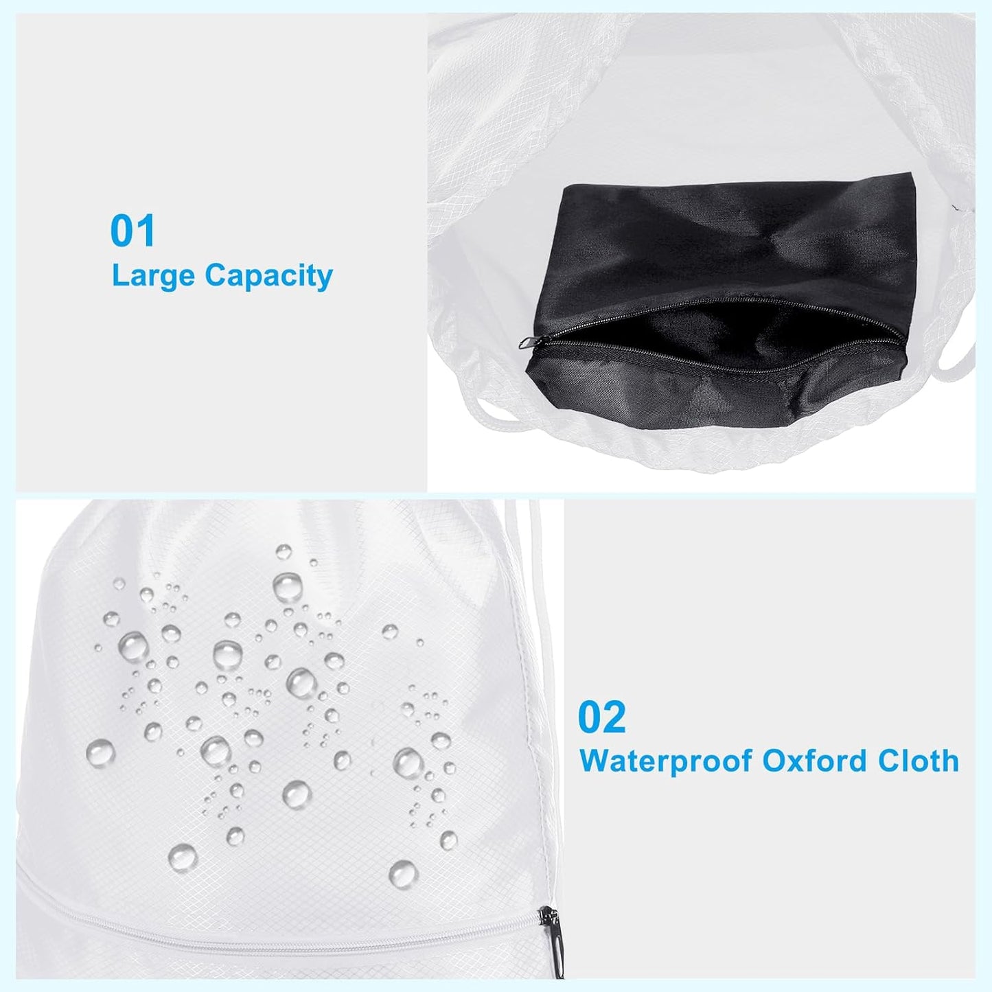 Drawstring Backpack Bag, Gym Bags String with Zip Pocket for Women Men, White - V1259-DP01-A-5166