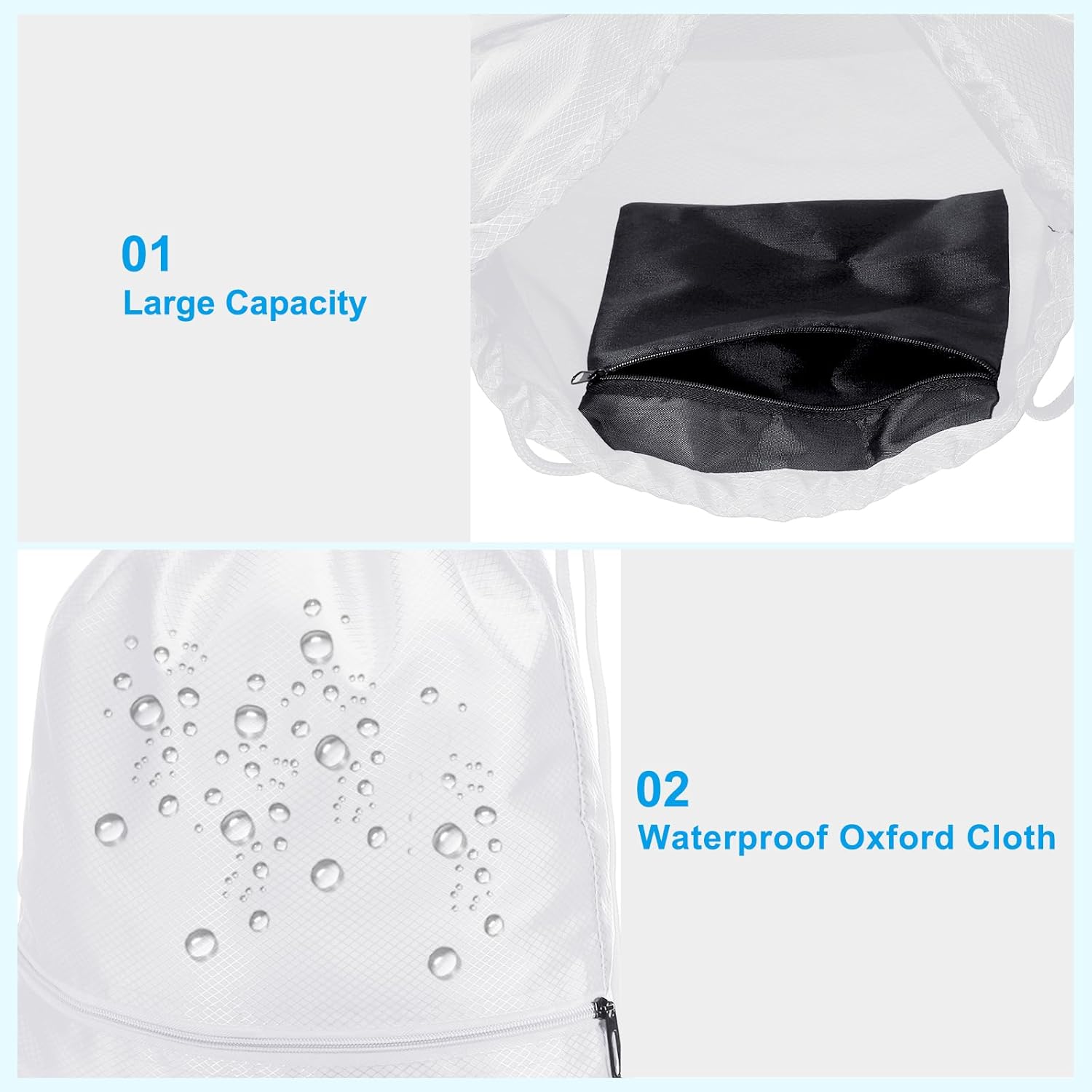 Drawstring Backpack Bag, Gym Bags String with Zip Pocket for Women Men, White - V1259-DP01-A-5166
