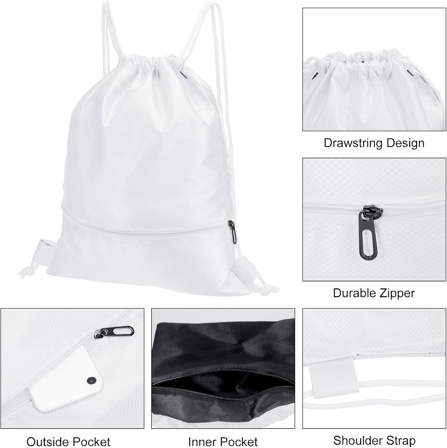 Drawstring Backpack Bag, Gym Bags String with Zip Pocket for Women Men, White - V1259-DP01-A-5166