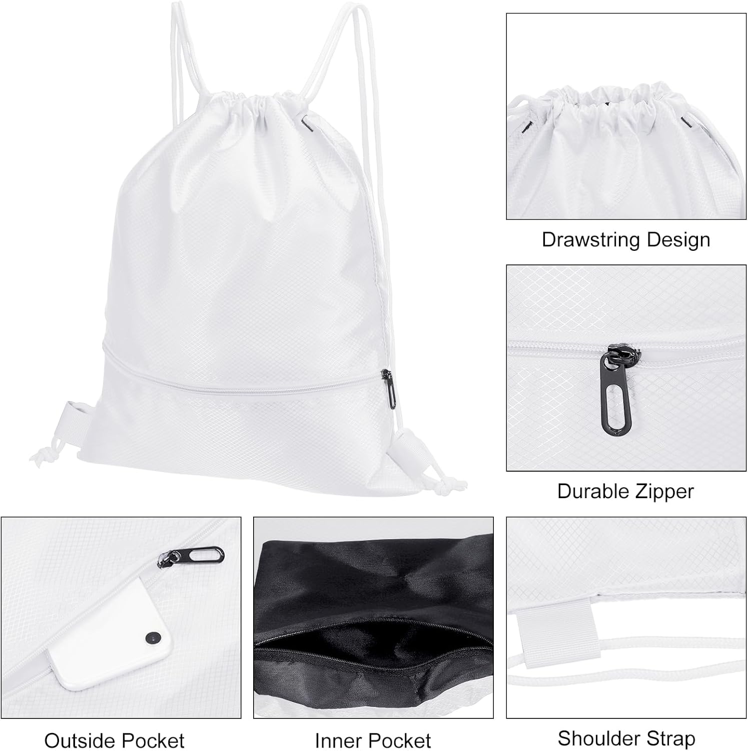 Drawstring Backpack Bag, Gym Bags String with Zip Pocket for Women Men, White - V1259-DP01-A-5166