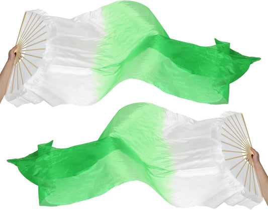 16 Fan Belly Dance Silk Veil 59", 1 Pair (Left+Right) Women Long Folding Wood for Performance, White Green 59" V1259-DP01-A-5200