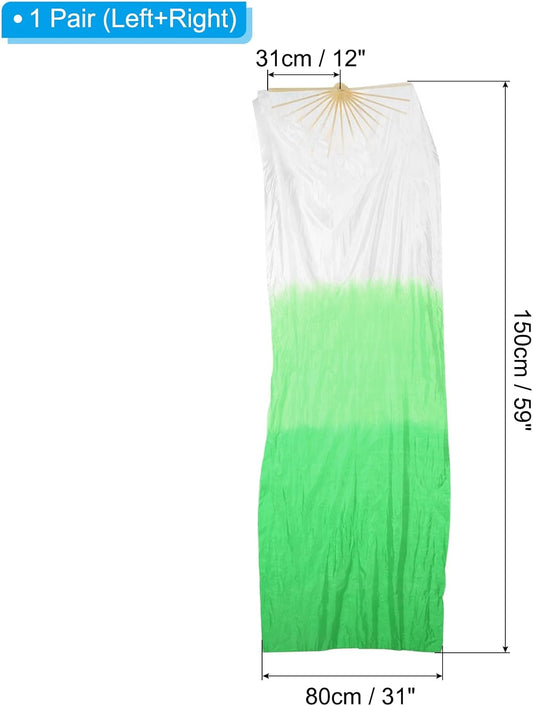 16 Fan Belly Dance Silk Veil 59", 1 Pair (Left+Right) Women Long Folding Wood for Performance, White Green 59" V1259-DP01-A-5200