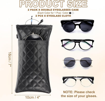 Double Eyeglasses Case, 2 Pcs Leather Soft Glasses Cases Portable Sunglasses Pouch Organizer with Strap V1259-DP01-A-5215