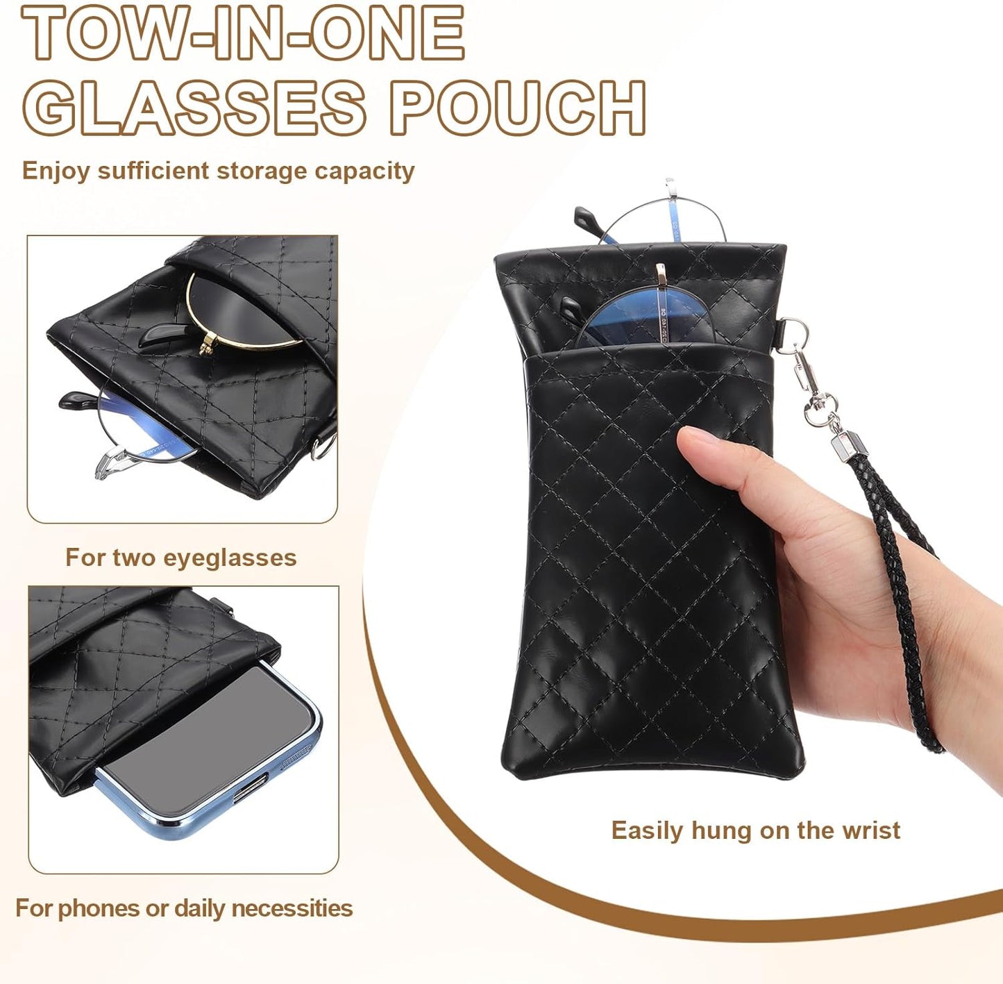 Double Eyeglasses Case, 2 Pcs Leather Soft Glasses Cases Portable Sunglasses Pouch Organizer with Strap V1259-DP01-A-5215