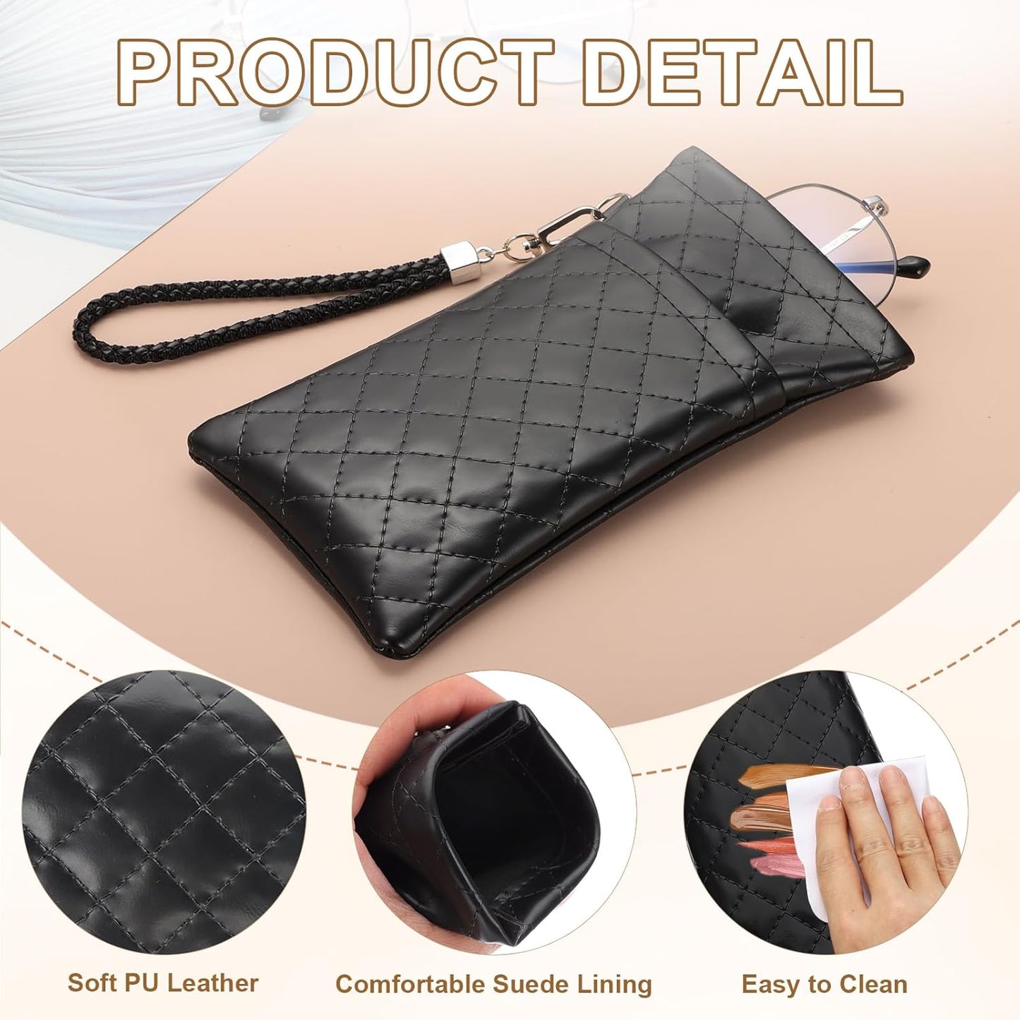 Double Eyeglasses Case, 2 Pcs Leather Soft Glasses Cases Portable Sunglasses Pouch Organizer with Strap V1259-DP01-A-5215