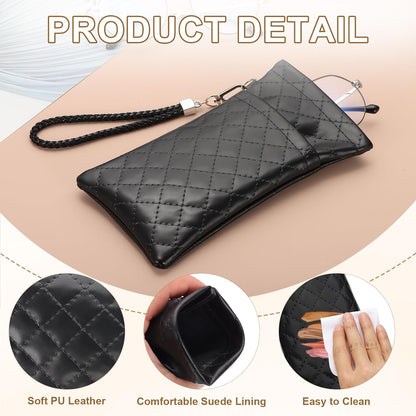 Double Eyeglasses Case, 2 Pcs Leather Soft Glasses Cases Portable Sunglasses Pouch Organizer with Strap V1259-DP01-A-5215