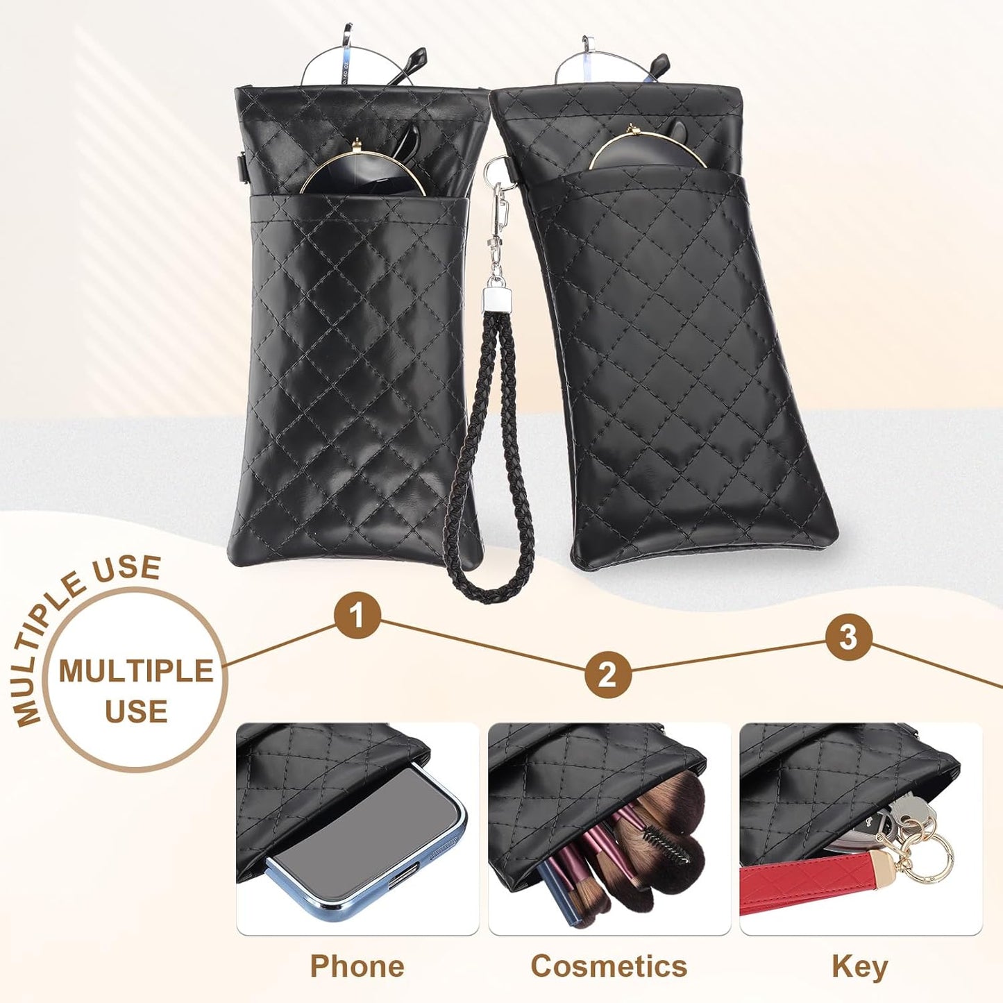 Double Eyeglasses Case, 2 Pcs Leather Soft Glasses Cases Portable Sunglasses Pouch Organizer with Strap V1259-DP01-A-5215