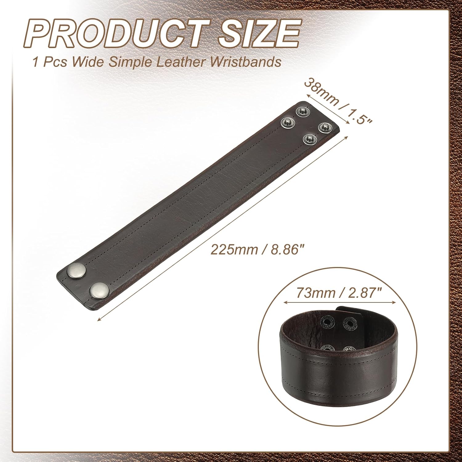 Wide Simple Leather Wristbands, Vintage Adjustable Cuff Bracelets Dark Brown - V1259-DP01-A-5236